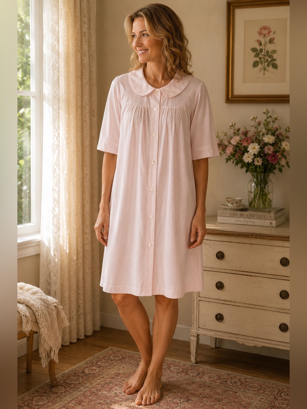 VINTAGE Shadowline Light Pink Button-Front Sleep Chemise Nightgown - Medium